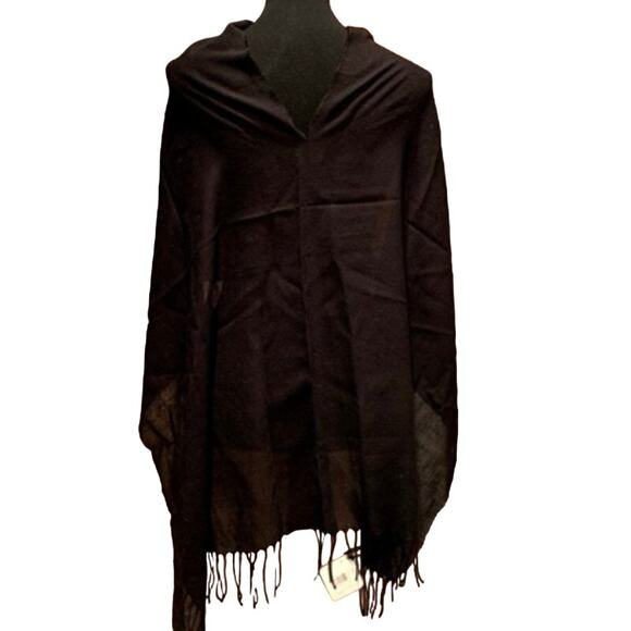 New Handmade Upcycled Solid Black Fringed Shawl Warm Cape Poncho Winter Wrap - Picture 3 of 5